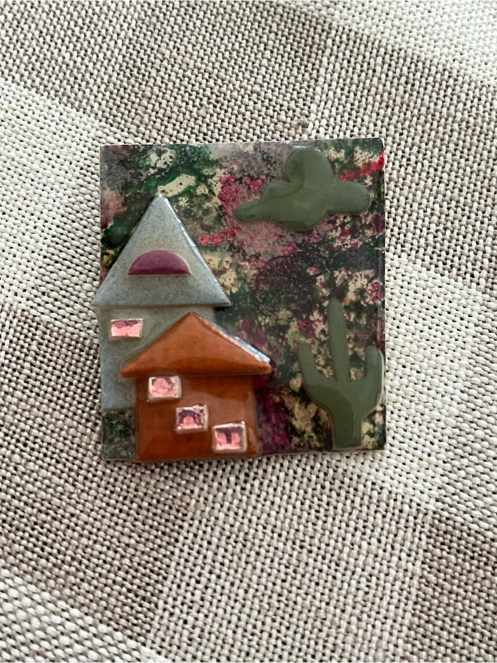 Vintage handmade  house pins brooch by Lucinda 1990s
